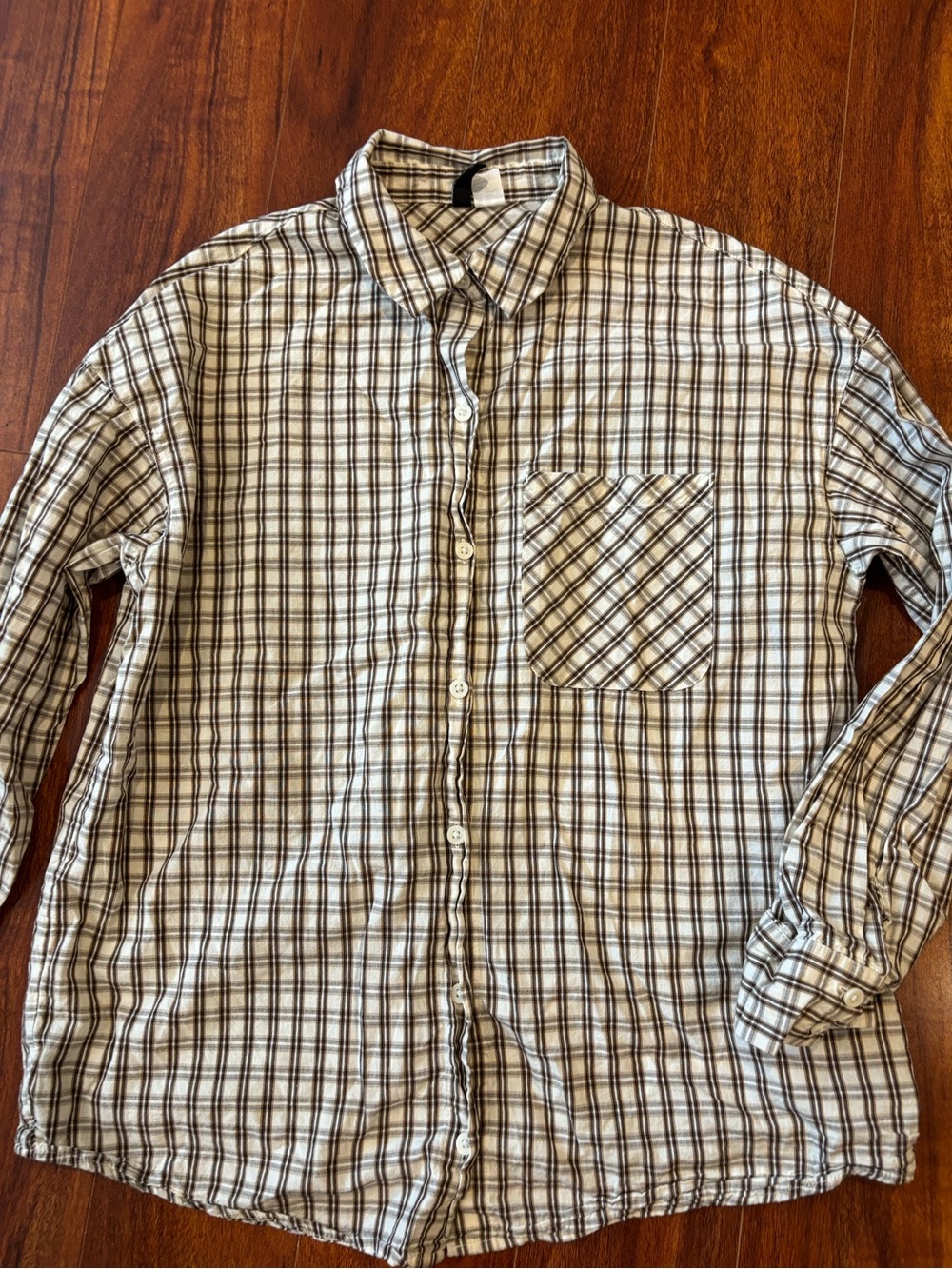 Divided White and Brown Plaid Button-Down Shirt